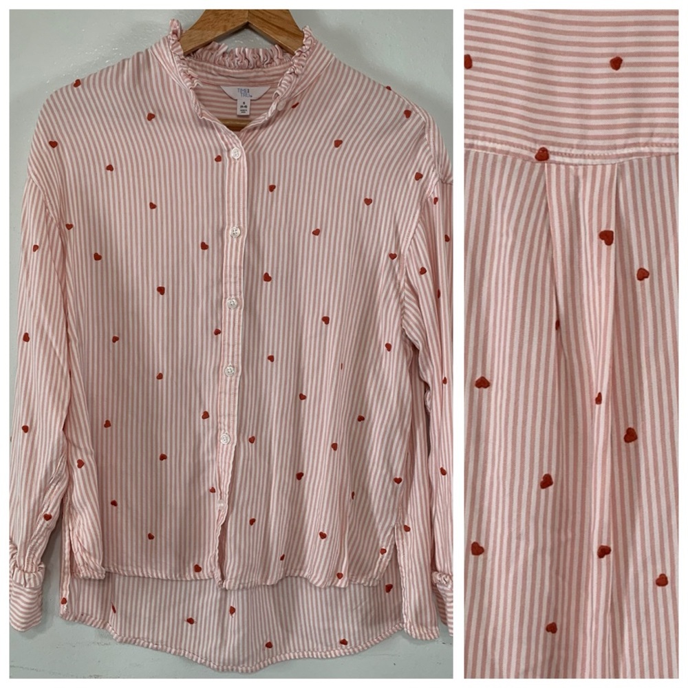 Time and Tru Baby Pink Striped Embroidered Heart Print Button Down Shirt Size S